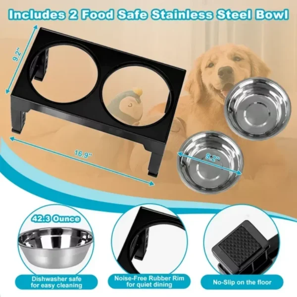 5 Height-Adjustable Raised Dog Bowl Racks with 2 Stainless Steel Food Bowls, Dog Bowl for Large Dogs and Cats (Black) - Image 2