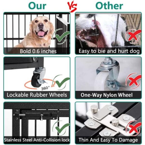 Heavy Duty Dog Crate Cage Kennel with Wheels, High Anxiety Indestructible, Sturdy Locks Design, Double Door and Removable Tray - Image 5