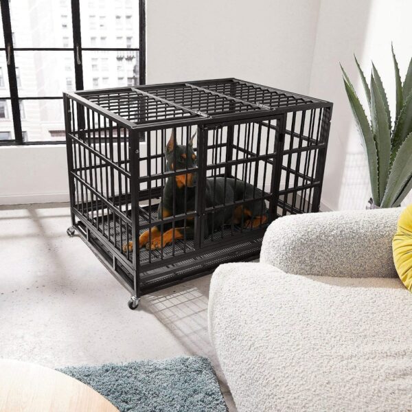 Heavy Duty Dog Crate Cage Kennel with Wheels, High Anxiety Indestructible, Sturdy Locks Design, Double Door and Removable Tray