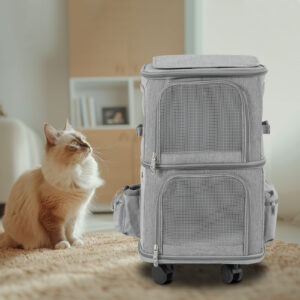 Cat Carrier Double-Compartment Pet Rolling Carrier with Wheels Super Ventilated Design,Ideal for Traveling Hiking Camping
