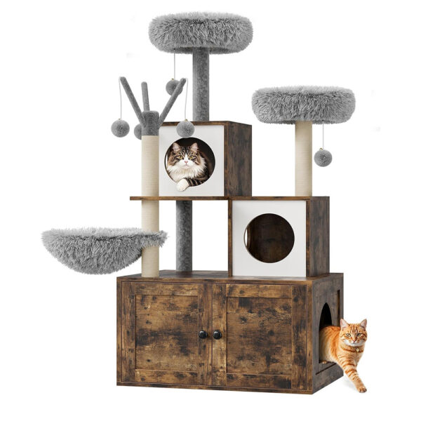 Litter Box Enclosure with Cat Tree Tower Condo - 3-in-1 Cat House Multi-Level Design for Climbing, Wooden Cat Furniture - Image 3