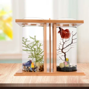 Desktop Mini Fish Tank, Dual-Cylinder Acrylic Aquarium with LED Lighting, Small Transparent Fishbowl for Home Office Desk Decor