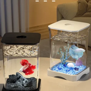 Aquarium Starter Kit, Mini Desktop Rectangular Betta Fish Tank With Top Feeding Hole & Built-in Bottom Light Tabletop Decoration