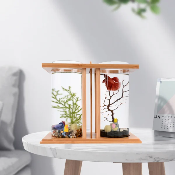 Desktop Mini Fish Tank, Dual-Cylinder Acrylic Aquarium with LED Lighting, Small Transparent Fishbowl for Home Office Desk Decor - Image 3