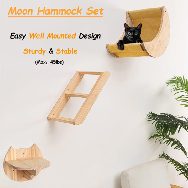 Cat Shelf Wall Hammock Climbing Shelves Moon Shaped And Perches Ladder Solid Wood Steps For Activity Indoor Cats Wall Furniture - Image 2