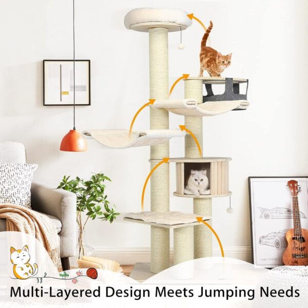 Tangkula Large Cat Tree, Multi-Level Tall Cat Tower with Sisal Scratching Posts, Hammocks, Hanging Basket, Cat Condo and Removab - Image 5