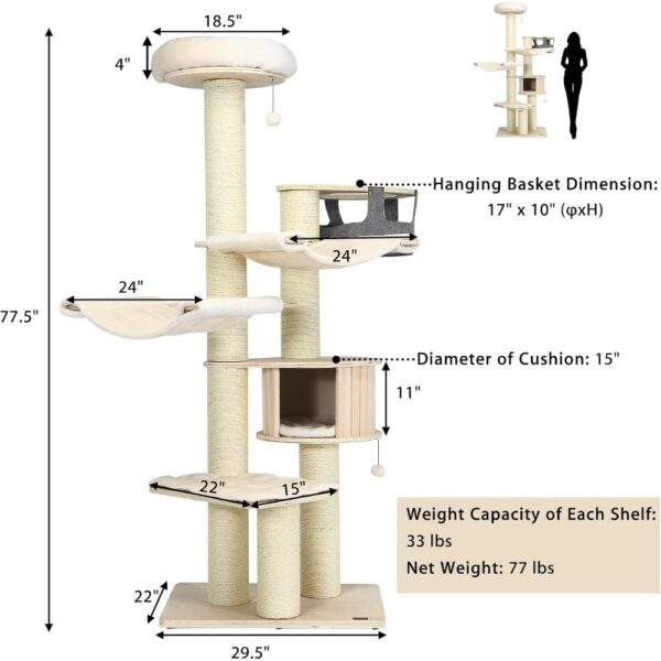 Tangkula Large Cat Tree, Multi-Level Tall Cat Tower with Sisal Scratching Posts, Hammocks, Hanging Basket, Cat Condo and Removab - Image 3