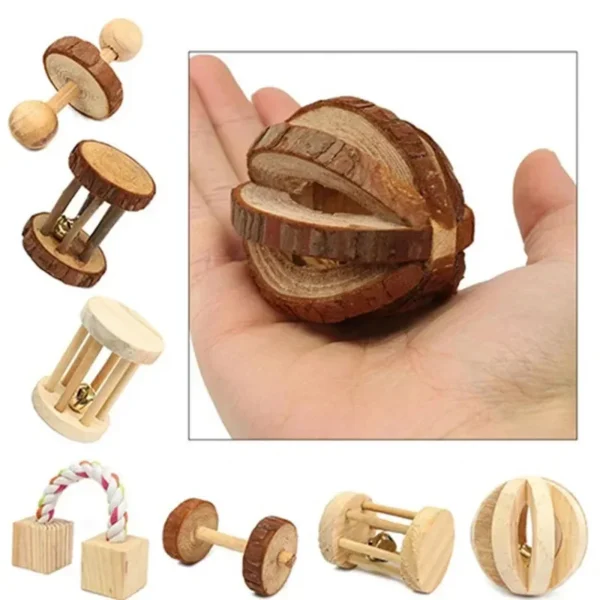 Natural Wood Chew Toys for Rodents Rabbit-Shaped Roller with Bell Guinea Pig/Rat Teeth Grinding & Play Activity - Image 3