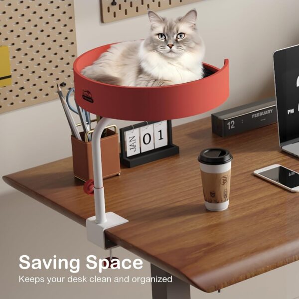 Cat Desk Bed Large Perch Nest with Teaser Easy Install,Space Saving Mount Design,Sturdy Frame,Removable Cushion,Clamp Desktop At - Image 4