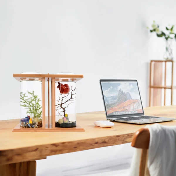 Desktop Mini Fish Tank, Dual-Cylinder Acrylic Aquarium with LED Lighting, Small Transparent Fishbowl for Home Office Desk Decor - Image 2