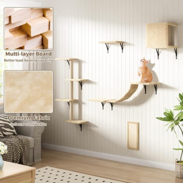 Wall-Mounted Cat Furniture Set: 5-Piece Beige Floating Shelves and Perches for Cats - Image 5