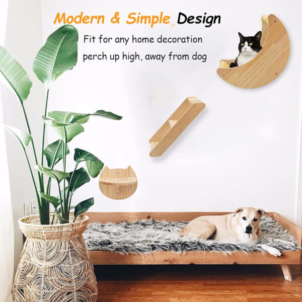 Cat Shelf Wall Hammock Climbing Shelves Moon Shaped And Perches Ladder Solid Wood Steps For Activity Indoor Cats Wall Furniture - Image 3