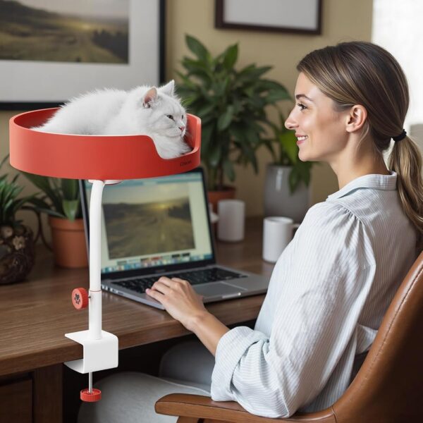 Cat Desk Bed Large Perch Nest with Teaser Easy Install,Space Saving Mount Design,Sturdy Frame,Removable Cushion,Clamp Desktop At - Image 2