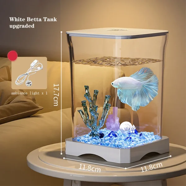Aquarium Starter Kit, Mini Desktop Rectangular Betta Fish Tank With Top Feeding Hole & Built-in Bottom Light Tabletop Decoration - Image 6