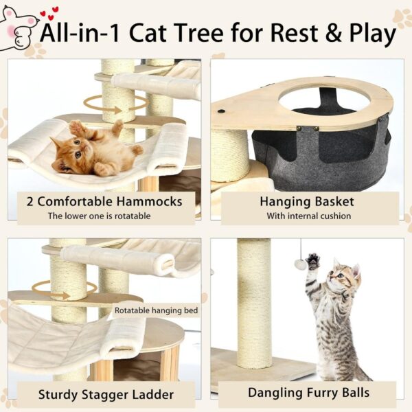 Tangkula Large Cat Tree, Multi-Level Tall Cat Tower with Sisal Scratching Posts, Hammocks, Hanging Basket, Cat Condo and Removab - Image 4