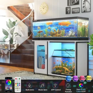 55-75 Gallon Fish Tank Stand with Power Outlets & LED Light, Reversible Heavy Duty Metal Aquarium Stand with Cabinet
