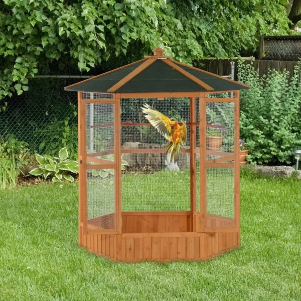 69 Large Wooden Hexagonal Outdoor Aviary Flight Bird Cage with Covered Roof Ideal for Backyard Bird Enthusiasts Provides Shelte - Image 2
