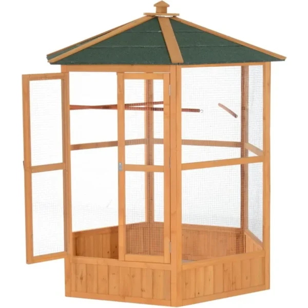 69 Large Wooden Hexagonal Outdoor Aviary Flight Bird Cage with Covered Roof Ideal for Backyard Bird Enthusiasts Provides Shelte - Image 3