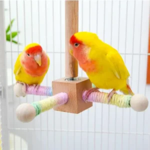 Bird Standing Toy 360° Rotatable Wooden Parrot Toy Hanging Interactive Spinning Parakeet Toys for Bird Cage Accessories