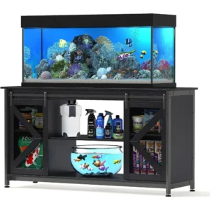 Farmhouse 55-75 Gallon Fish Tank Stand, Aquarium Stand with Sliding Barn Door & Cabinet for Fish's Tank Accessories Storage, Hea