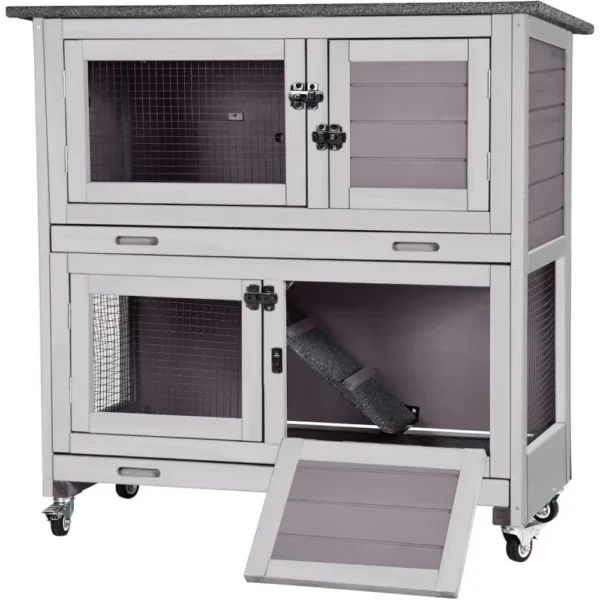 Rabbit Hutch Bunny Cage, Guinea Pig Cage Bunny Hutch Indoor, Wooden Pet House w/ 4 Wheels & Removable Trays, 2-Level - Image 3