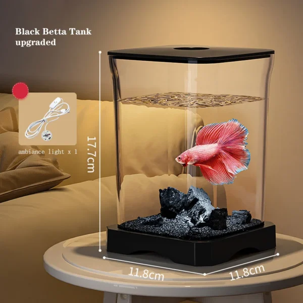 Aquarium Starter Kit, Mini Desktop Rectangular Betta Fish Tank With Top Feeding Hole & Built-in Bottom Light Tabletop Decoration - Image 7
