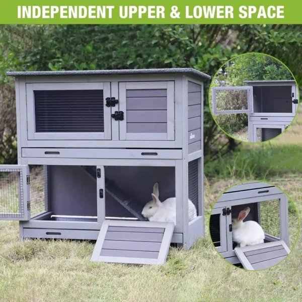 Rabbit Hutch Bunny Cage, Guinea Pig Cage Bunny Hutch Indoor, Wooden Pet House w/ 4 Wheels & Removable Trays, 2-Level - Image 5