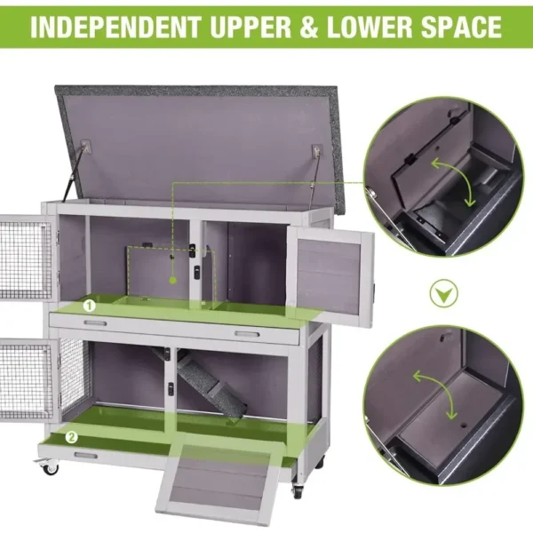 Rabbit Hutch Bunny Cage, Guinea Pig Cage Bunny Hutch Indoor, Wooden Pet House w/ 4 Wheels & Removable Trays, 2-Level - Image 4