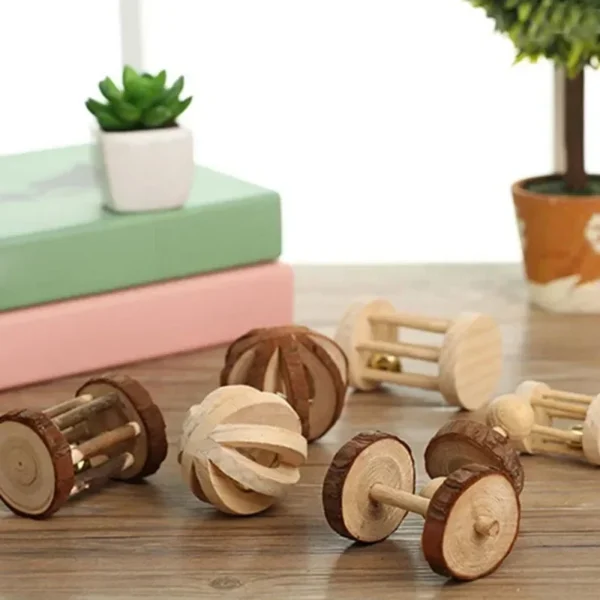 Natural Wood Chew Toys for Rodents Rabbit-Shaped Roller with Bell Guinea Pig/Rat Teeth Grinding & Play Activity - Image 4