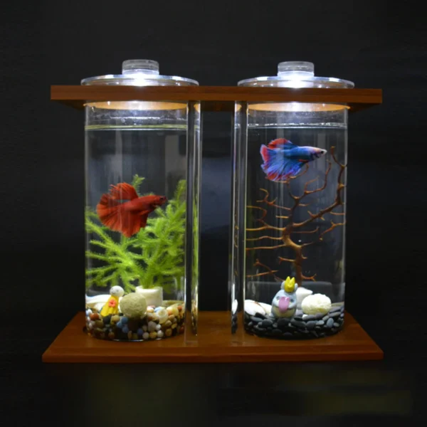 Desktop Mini Fish Tank, Dual-Cylinder Acrylic Aquarium with LED Lighting, Small Transparent Fishbowl for Home Office Desk Decor - Image 4