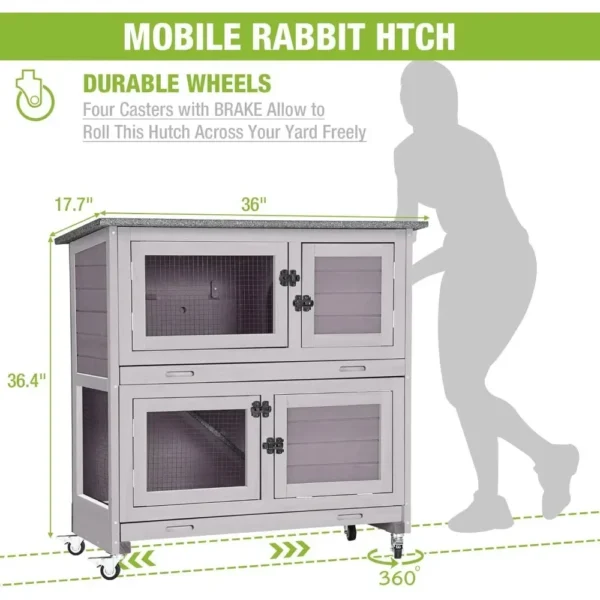 Rabbit Hutch Bunny Cage, Guinea Pig Cage Bunny Hutch Indoor, Wooden Pet House w/ 4 Wheels & Removable Trays, 2-Level - Image 2