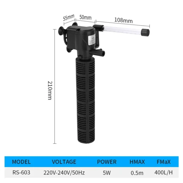 3 in 1 Silent Aeration Water Purifier Internal Pump Submersible Aquarium Oxygen Filter Fish Tank Submersible Water Purifier - Image 7