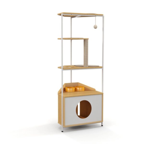 Corner Cat Tower Cat Tree with Scratching Post Cat Condo with Feeding Station and Climbing Platforms - Image 5