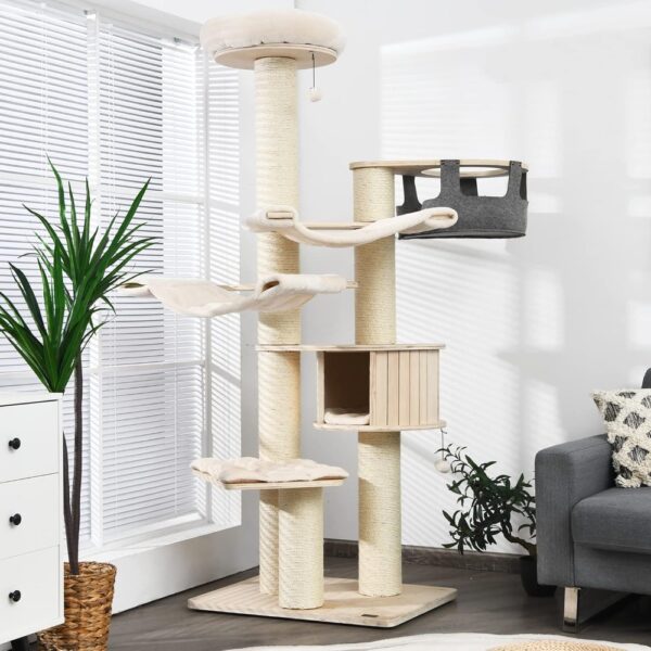 Tangkula Large Cat Tree, Multi-Level Tall Cat Tower with Sisal Scratching Posts, Hammocks, Hanging Basket, Cat Condo and Removab