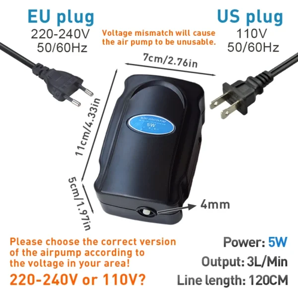Aquarium 5W Silent Air Pump 220V-240V 110V Fish Tank Quiet Bubble Pump Oxygenation Air Stone Accessories Aquarium Air Compressor - Image 6
