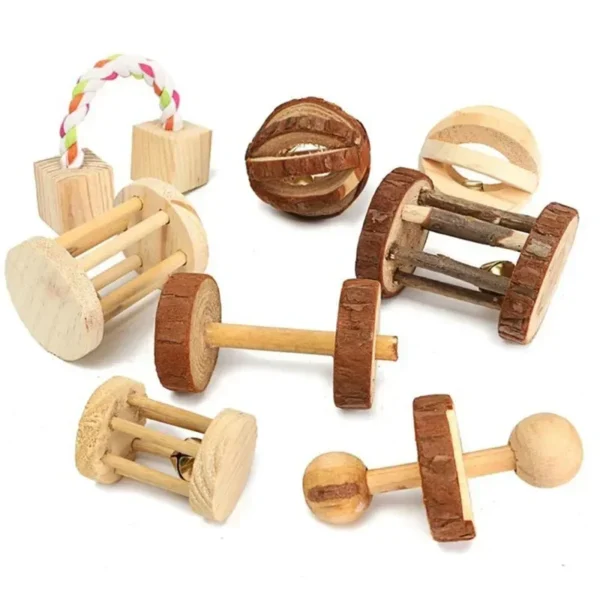 Natural Wood Chew Toys for Rodents Rabbit-Shaped Roller with Bell Guinea Pig/Rat Teeth Grinding & Play Activity - Image 2