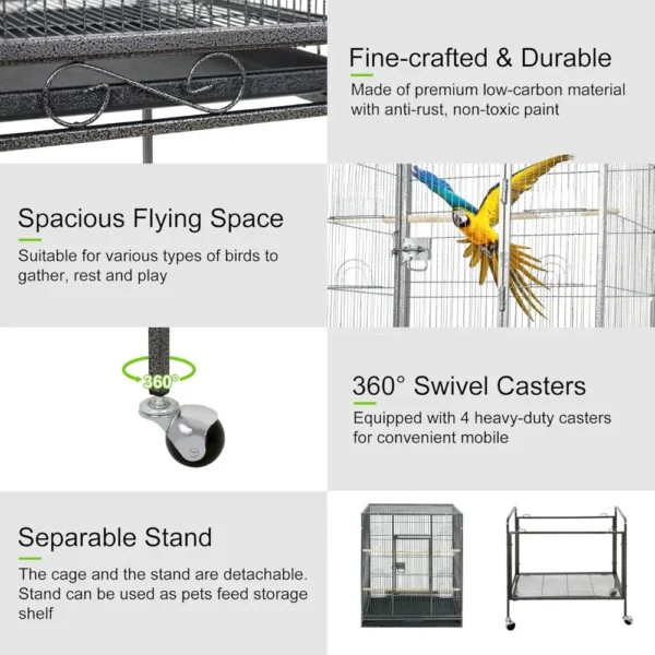 Standing Wrought Iron Birdcage Large Parrot Flight Bird Cage with Rolling Stand Birdcages for Cockatiels African Grey - Image 4