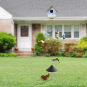 Metal and Iron Outdoor Bird Feeder Tray with Hooks Adjustable Bird Feeding Pole with Squirrel Proof Baffle