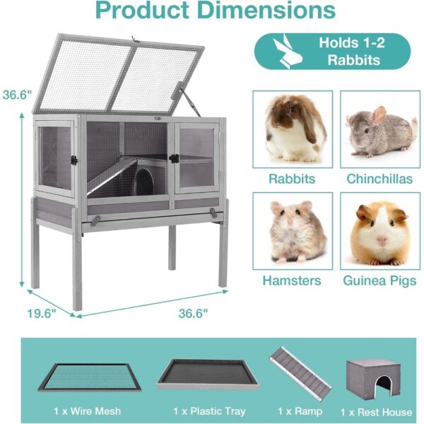 Guinea Pig Cage with Wooden Stand,Indoor Rabbit Hutch with 2 Stories,Hamster Cage with Anti Chew Ramp,Hideout, Platform, Pull Ou - Image 6