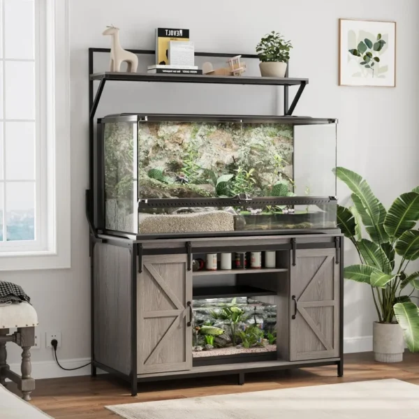 Farmhouse Reptile Tank Stand with Power Outlet, 48" X 24" Tabletop Fits up to 120 Gallon Bearded Dragon Tank, Heavy Duty Aquari