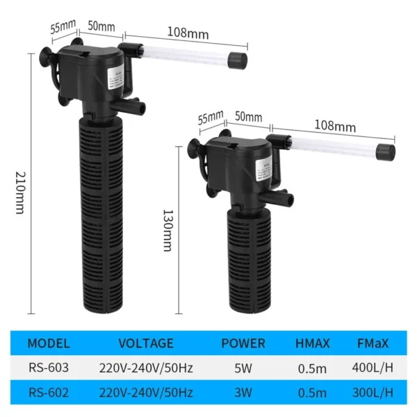 3 in 1 Silent Aeration Water Purifier Internal Pump Submersible Aquarium Oxygen Filter Fish Tank Submersible Water Purifier - Image 6