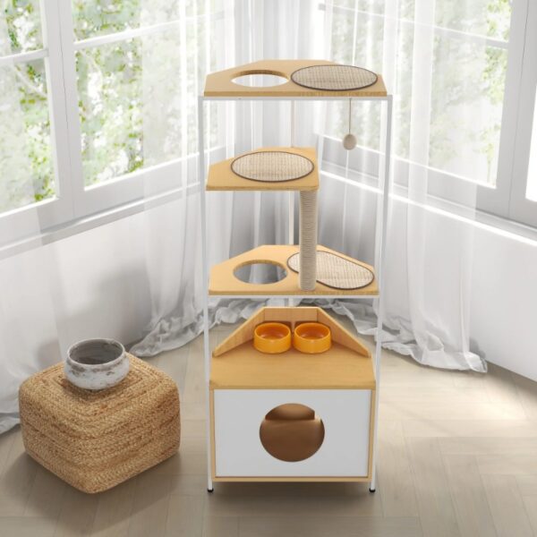 Corner Cat Tower Cat Tree with Scratching Post Cat Condo with Feeding Station and Climbing Platforms - Image 4
