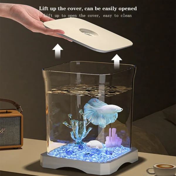 Aquarium Starter Kit, Mini Desktop Rectangular Betta Fish Tank With Top Feeding Hole & Built-in Bottom Light Tabletop Decoration - Image 3