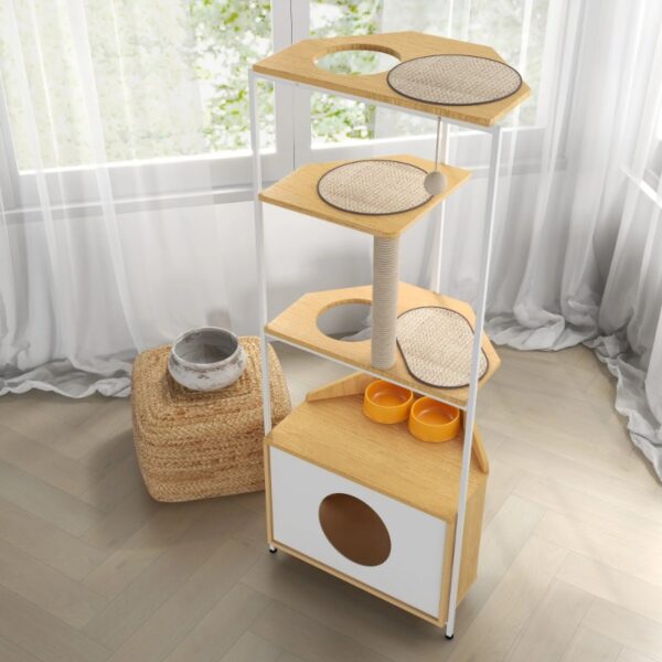Corner Cat Tower Cat Tree with Scratching Post Cat Condo with Feeding Station and Climbing Platforms - Image 3