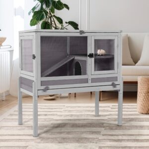 Guinea Pig Cage with Wooden Stand,Indoor Rabbit Hutch with 2 Stories,Hamster Cage with Anti Chew Ramp,Hideout, Platform, Pull Ou