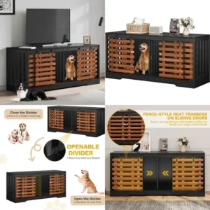 DWVO 71 Double Dog Crate Furniture for 2 Dogs with Sliding Fence Door, Heavy Duty Dual Dog Kennel TV Stand Large Dogs, Indoor De