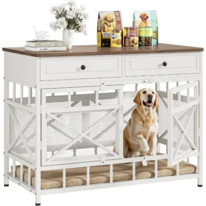 Large Wooden Dog Crate with Storage Drawers for Medium to Large Dogs, Decorative Kennel Furniture, 44 Inch